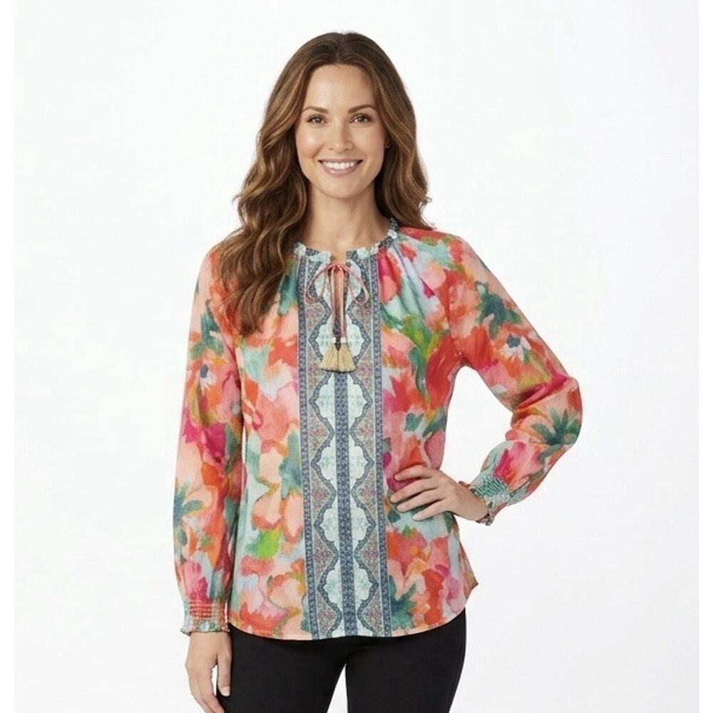 Soft Surroundings Top Size L Floral Ruffle Neck Evalina Peasant Boho Shirt
